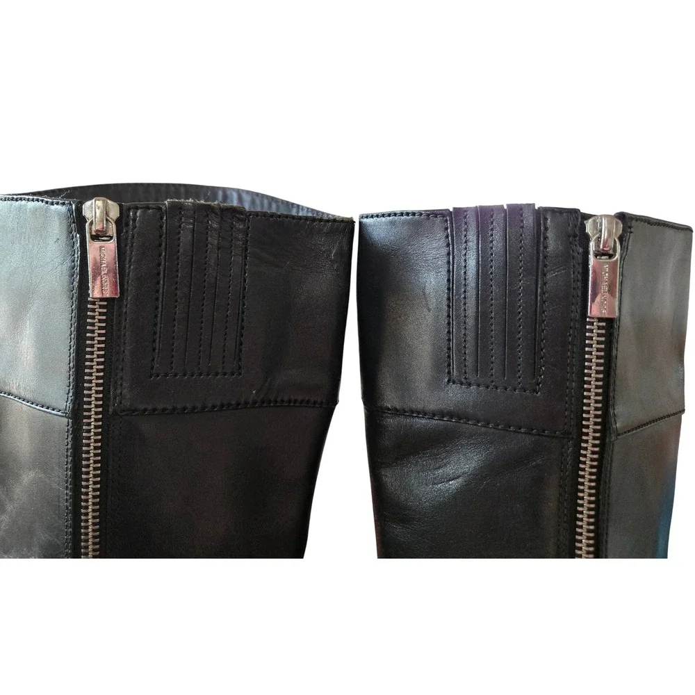 Michael Kors Black Leather Tall Riding Boots Silver MK Logo Medallion Womens 7M